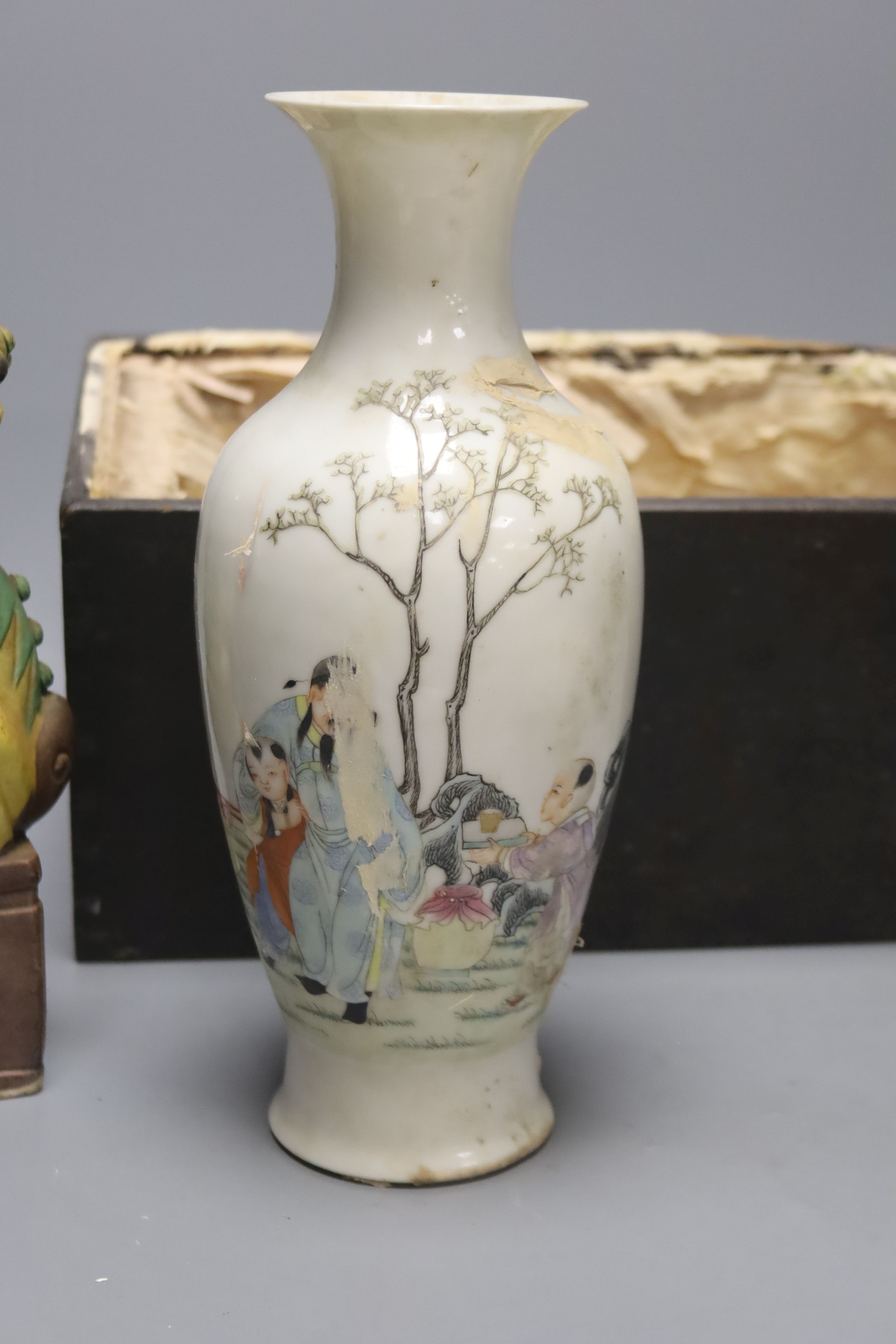 A pair of Chinese lion-dogs dogs, porcelain bowl and a vase, tallest 24cm